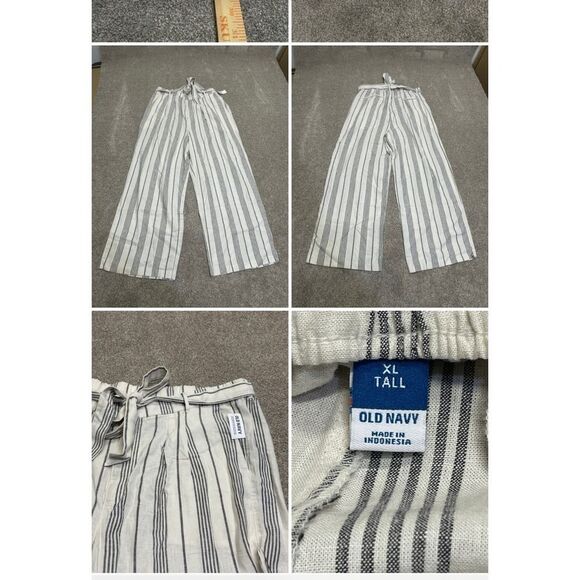 Old Navy women wide leg pin striped pants sz X-Large Tall beige/gray linen blend - Picture 1 of 11